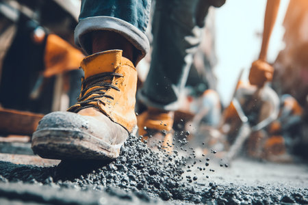 Worker is laying asphalt on the road. Close-up.の素材
