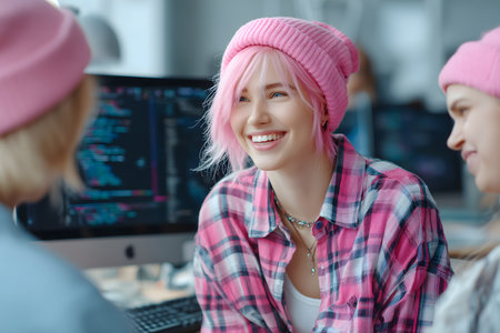 Portrait of a beautiful girl with pink hair in a pink hat.の素材