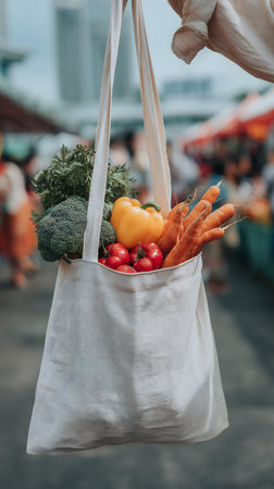 Eco bag with fresh vegetables and fruits at the farmers market.の素材