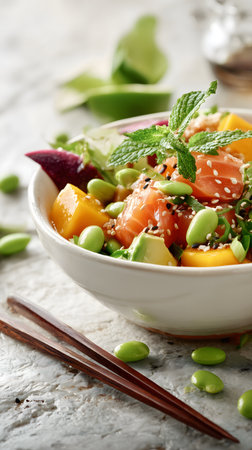 Salmon poke bowl with avocado, mango, sesame seeds and peaの素材
