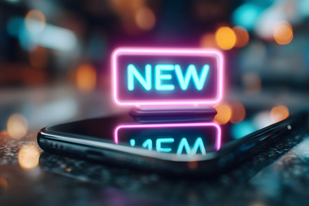 Neon sign on the screen of a smart phone with bokeh backgroundの素材