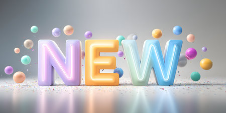 New text with balloons and confetti 3D rendering on gray backgroundの素材