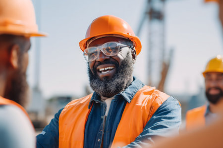 selective focus of african american engineer in hardhat and safety glasses looking at colleagueの素材