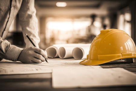 engineer working on blueprint in office,selective focus and vintage toneの素材