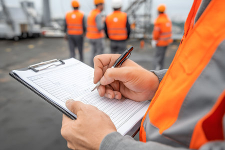 Close-up of engineer writing on clipboard at construction site. Engineering conceptの素材