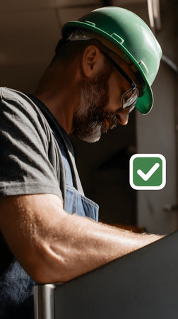 selective focus of african american worker in hardhat looking at check markの素材