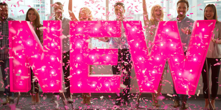 Group of happy business people having fun in office building. They are holding pink letters.の素材