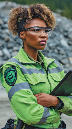 african american woman in green jacket and eyeglasses using digital tablet in quarryの素材