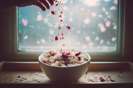 Bowl of oatmeal with rose petals on the windowsillの素材