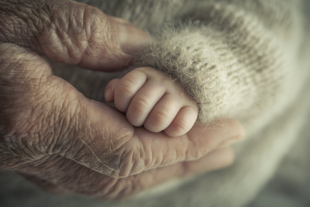 Close up of hands of an old woman holding a newborn baby.の素材
