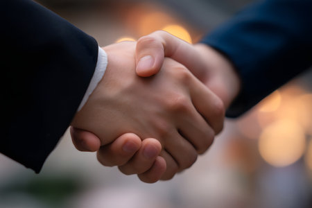 Handshake of business people on blurred background. Close-up.の素材