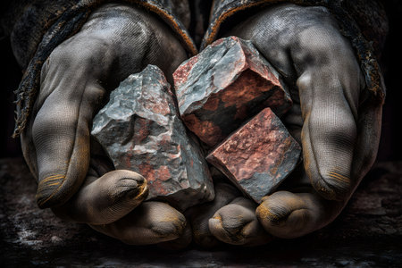 Hands of a mummy holding a stone in a dark room.の素材
