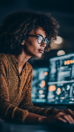 selective focus of african american woman in eyeglasses looking awayの素材