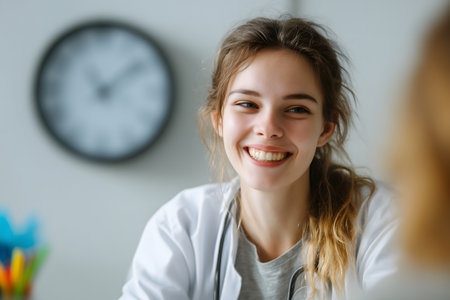 Portrait of smiling young female doctor looking at camera in office.の素材