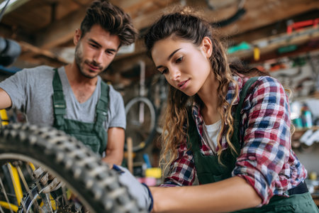 selective focus of young woman looking at boyfriend repairing bicycle in workshopの素材
