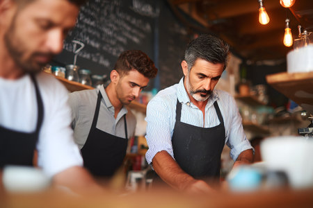 Barista at work. Group of young men working in cafe.の素材
