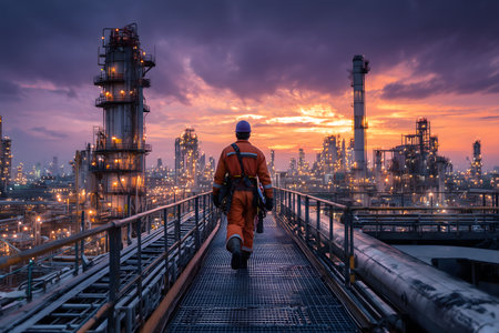 Oil and gas industry. Work of oil and gas industry. Oil refinery at twilight.の素材