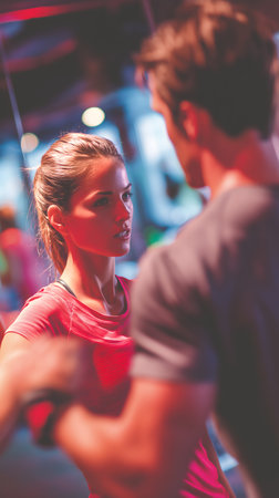 Portrait of young woman exercising with personal trainer at crossfit gymの素材