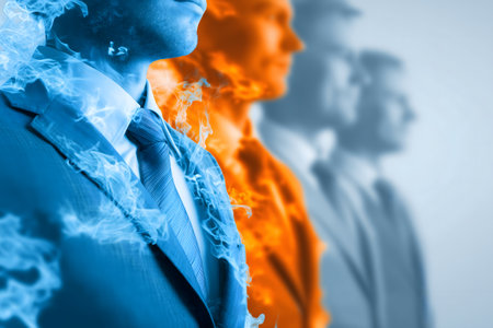 Businessman in front of a group of businesspeople with a fire effectの素材