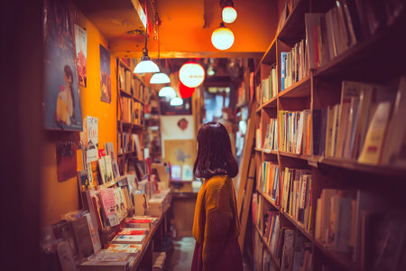 Asian woman looking for books in a book store. Education concept.の素材