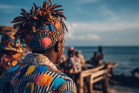 Portrait of a man with african mask on the beach.の素材