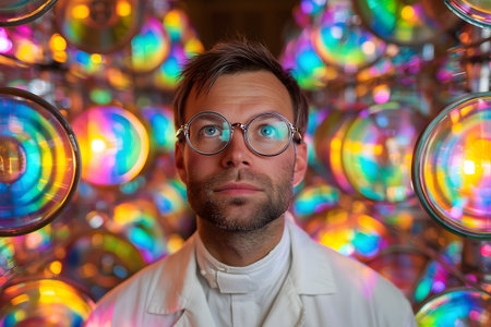 Portrait of a man in a white coat and glasses looking at the camera.の素材