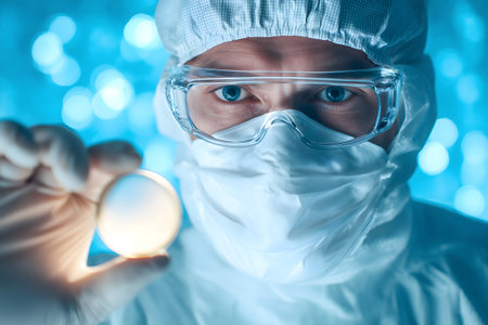 Scientist in protective suit holding a test tube with blue light bokeh backgroundの素材