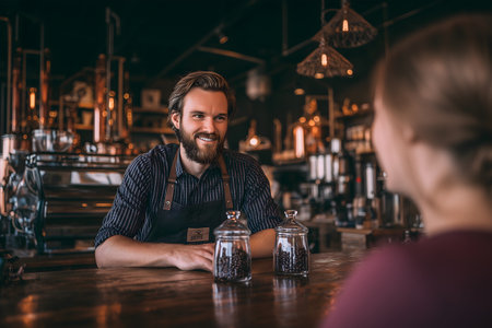 Smiling barman in apron talking to female customer in cafeの素材