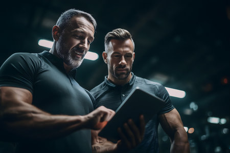Portrait of two athletic men working out at the gym. They are using a digital tablet and smilingの素材