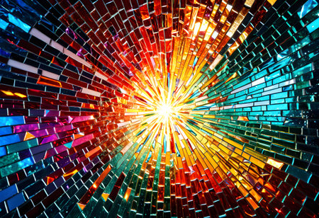Broken glass forming a vibrant mosaic pattern with light radiating from its centerの素材