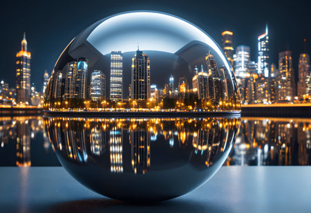 Chrome sphere reflecting an illuminated modern city skyline by a river at nightの素材