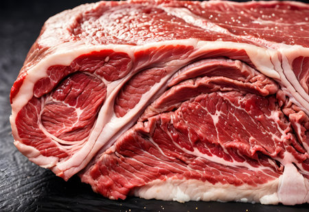 Raw beef chuck portion displaying rich red meat, white fat, and connective tissueの素材