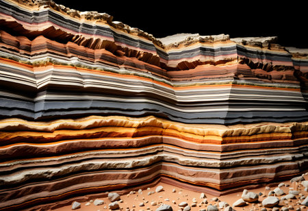 Earth's geological cross-section revealing diverse strata of colorful rock and sediment layersの素材