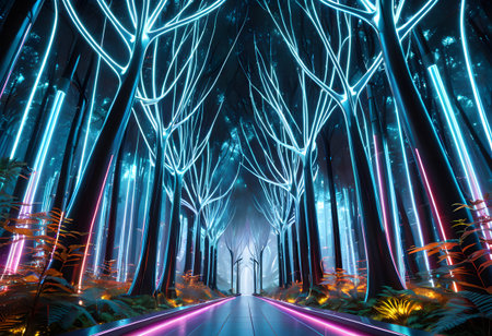 Futuristic path stretching through a vibrant glowing forest with cyberpunk light linesの素材