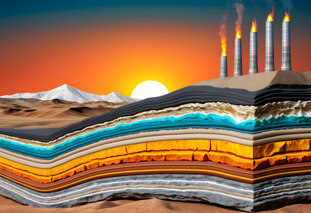 Earth's cross-section revealing underground fossil fuels with industrial smokestacks polluting environmentの素材