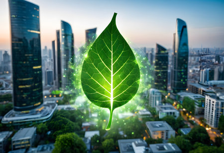 Glowing green leaf symbolizing environmental sustainability and eco-friendly technology integrating with urban landscapeの素材