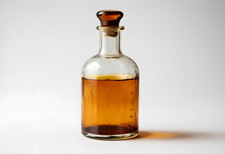 Vintage glass bottle containing an amber liquid, sealed with a cork, on a white backgroundの素材