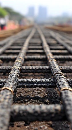 Railway line in construction site, closeup of photo with selective focusの素材