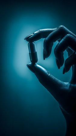 Female hand holding a pill in blue light, close-up.の素材