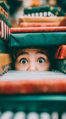 Surprised boy looking at camera while standing in christmas decorationの素材