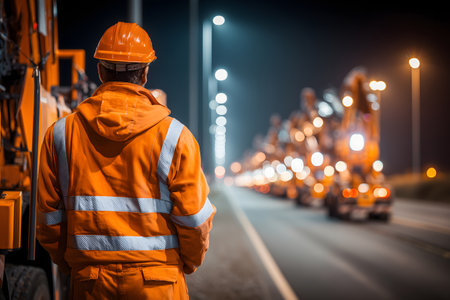 Worker in orange uniform and hardhat standing on the road at night.の素材