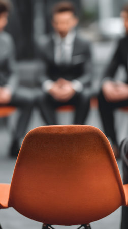 selective focus of blurred business people sitting on chairs in conference hallの素材