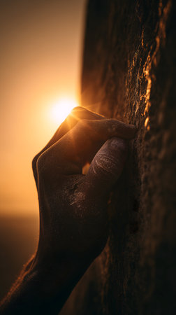 Hands of rock climber reaching for the sun at sunset.の素材