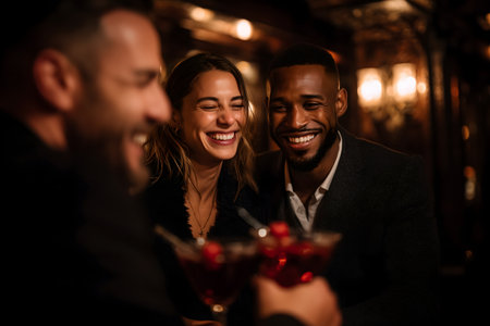 Young couple enjoying a drink at a bar, laughing and having funの素材