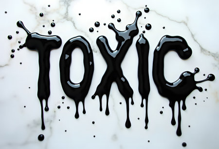 Black oil paint spill on white marble background with copy space for textの素材