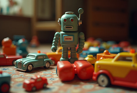 Vintage robot toy on the floor with toys in the background.の素材
