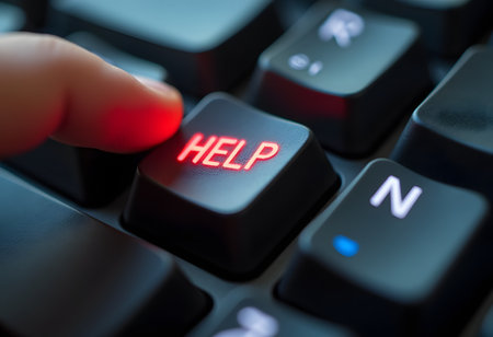 Help key on computer keyboard, closeup of finger pressing red buttonの素材