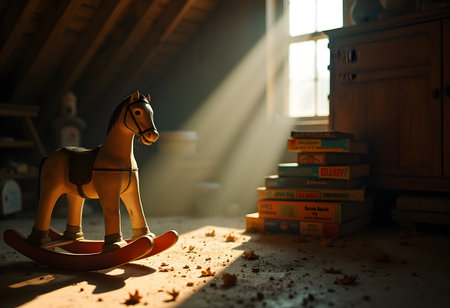 Wooden toy rocking horse on a wooden floor in a room with booksの素材