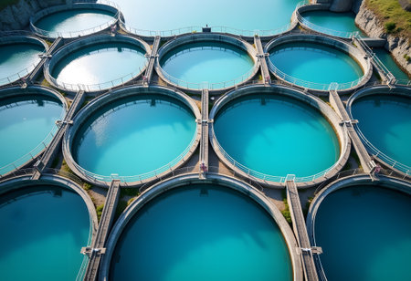 Aerial view of a water treatment plant with blue water in Chinaの素材