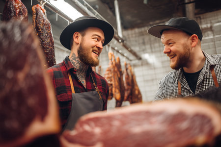 Two men in hats and apron are smiling while working in meat factory.の素材